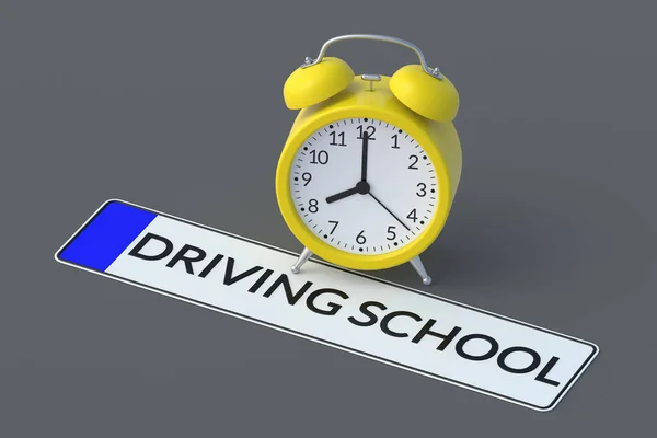 Napis Szkoły Jazdy Tablicy Rejestracyjnej Samochodu Pobliżu Budzika Czas Naukę — Zdjęcie stockowe
