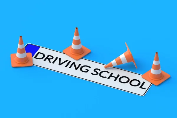 Driving School Inscription Car License Plate Road Cones Traffic Laws — Stock Photo, Image
