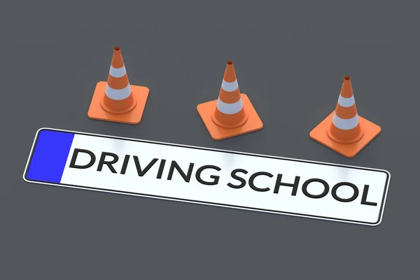 Napis Szkoły Jazdy Tablicy Rejestracyjnej Samochodu Pobliżu Stożków Drogowych Prawo — Zdjęcie stockowe