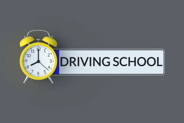 Napis Szkoły Jazdy Tablicy Rejestracyjnej Samochodu Pobliżu Budzika Czas Naukę — Zdjęcie stockowe