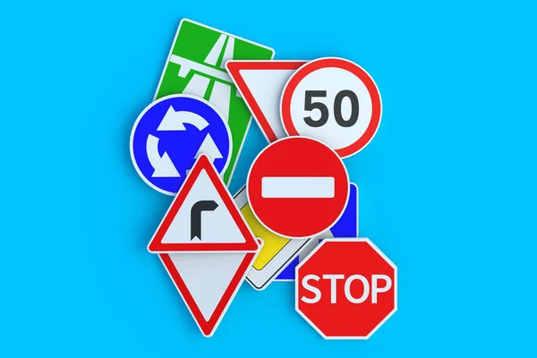 Road signs. Traffic laws. Driving school concept. Rules and regulation. Highway signpost. Roadway infrastructure. Top view. 3d render