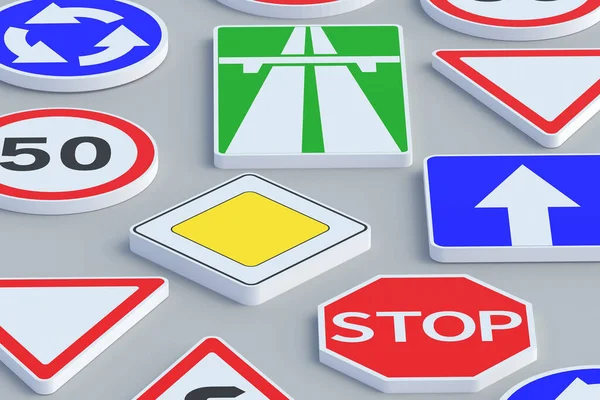 Road signs. Traffic laws. Driving school concept. Rules and regulation. Highway signpost. Roadway infrastructure. 3d render