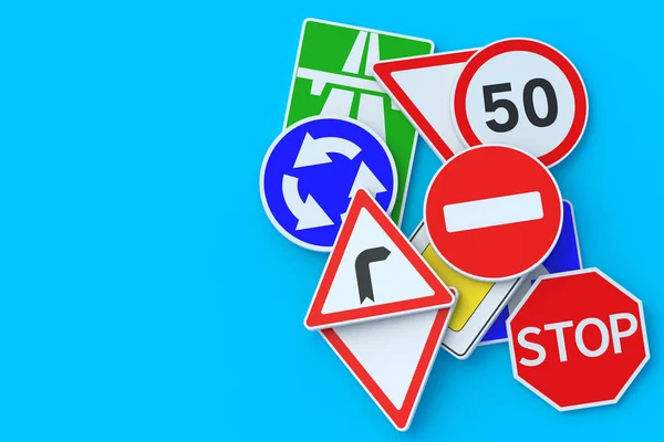 Road signs. Traffic laws. Driving school concept. Rules and regulation. Highway signpost. Roadway infrastructure. Top view. Copy space. 3d render