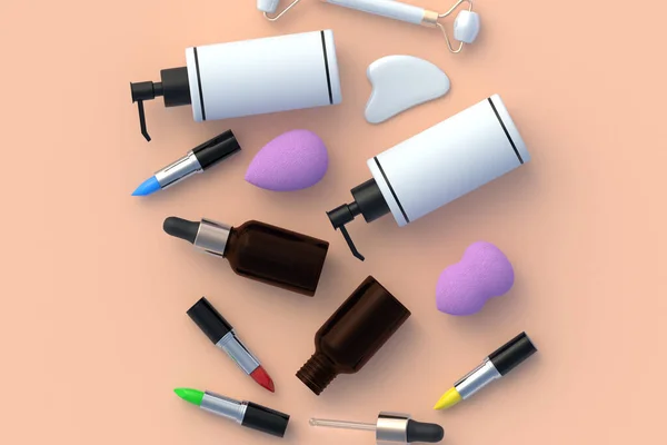 Acessórios Cosméticos Fundo Bege Beleza Moda Cosmetologia Produtos Vista Superior — Fotografia de Stock