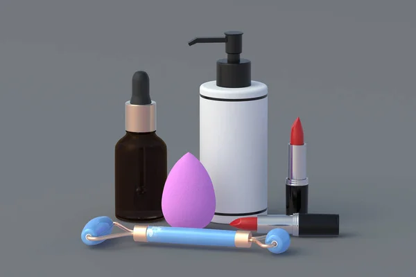 Grupo Accesorios Cosméticos Sobre Fondo Gris Belleza Moda Productos Cosmetología —  Fotos de Stock