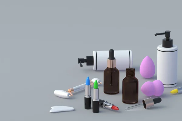 Acessórios Cosméticos Fundo Cinza Beleza Moda Cosmetologia Produtos Espaço Para — Fotografia de Stock
