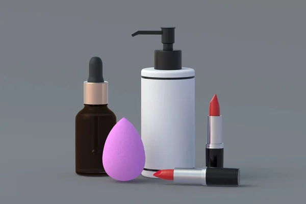 Acessórios Cosméticos Fundo Cinza Beleza Moda Cosmetologia Produtos Renderização — Fotografia de Stock