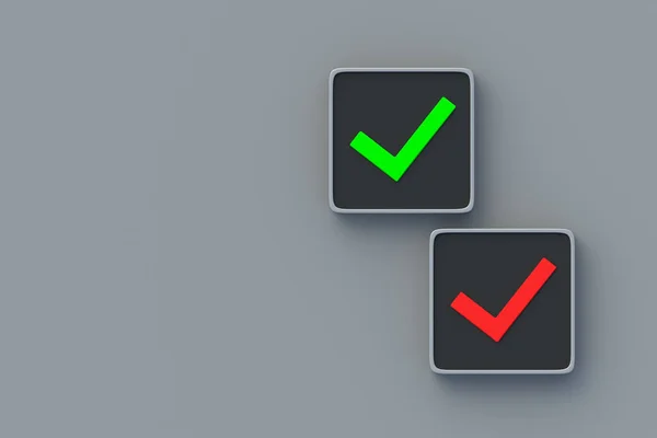 Check mark green and red color on button. Choice concept. Tick symbol. Yes or no. Correct solution. Erroneous action. True and false sign. Right and wrong vote. Result options. Copy space. 3d render