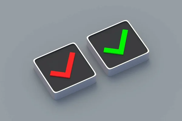 Check mark green and red color on button. Choice concept. Tick symbol. Yes or no. Correct solution. Erroneous action. True and false sign. Right and wrong vote. Result options. 3d render