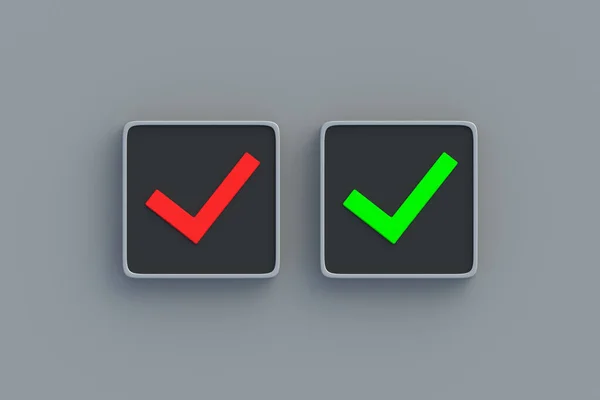 Check mark green and red color on button. Choice concept. Tick symbol. Yes or no. Correct solution. Erroneous action. True and false sign. Right and wrong vote. Result options. Top view. 3d render