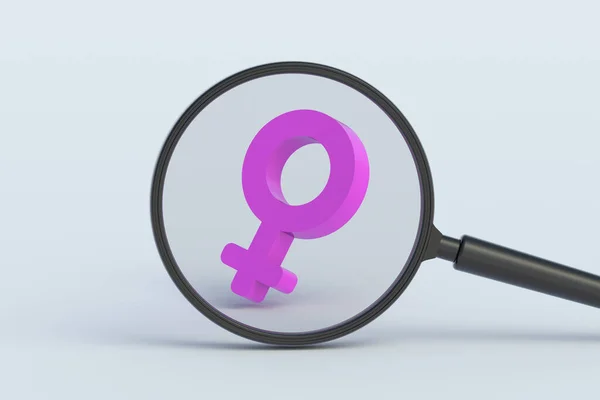 Vrouwelijk Gendersymbool Achter Vergrootglas Renderen — Stockfoto