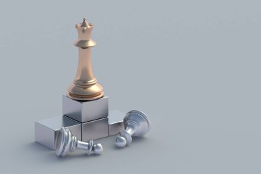 Piyasa lideri. Altın ve gümüş satranç figürleri podyumda. Kariyer gelişimi konsepti. Gol başarısı. Yeni pozisyon. İş yerinde terfi. Liderlik yeteneği. Şirketin müdürü. Yetenekli bir çalışan. 3d hazırlayıcı