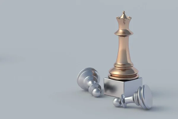 Leadership skill. Golden and silver chess figures on podium. Career growth concept. Goal achievement. New position. Promotion at work. Director of company. Market leader. Talented employee. 3d render