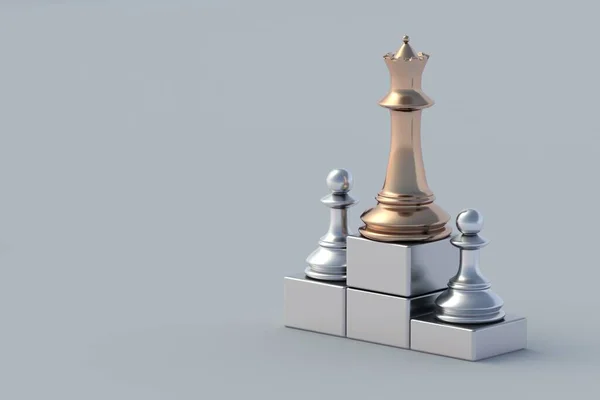 Director of company. Golden and silver chess figures on podium. Career growth concept. Goal achievement. New position. Promotion at work. Leadership skill. Market leader. Talented employee. 3d render