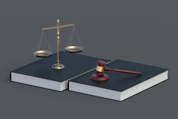 书里的正义尺度接近Gavel 法律概念 惩罚和责任 宪法权利 3D渲染 — 图库照片