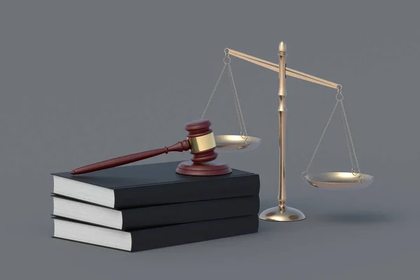 Весы Правосудия Возле Молотка Стопки Книг Концепция Юридического Права Наказание — стоковое фото