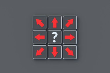 Yanlış sorular. Soru işareti ve düğmelerdeki oklar. Gazetecilikte profesyonellik dışı kavram. Başarısız arama. Alternatif bilgi kaynakları. Kuşkulu cevaplar. 3d hazırlayıcı