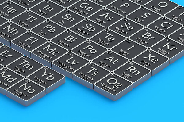Периодическая таблица элементов на синем фоне. Научное развитие. Химические символы. Наука и образование. Химические исследования. 3D рендеринг