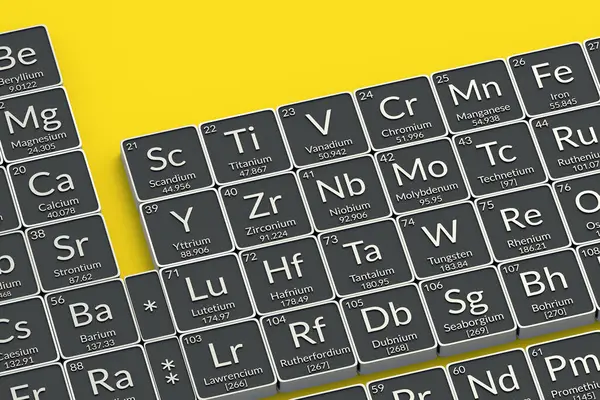 Periodiek Systeem Van Elementen Gele Achtergrond Wetenschappelijke Ontwikkeling Chemische Symbolen — Stockfoto