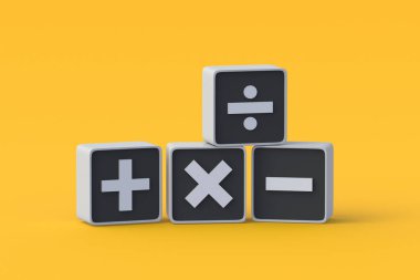 Düğmelerdeki matematik sembolleri yığını. Artı, eksi, çarp, böl. Temel matematik işaretleri. İlkokul eğitimi. Mali denetim. Ekonomi bilimi. İstatistiksel veriler. 3d hazırlayıcı