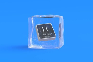 Buz küpünde periyodik tablonun hidrojen H kimyasal elementi. Kimya elementinin sembolü. 3d hazırlayıcı