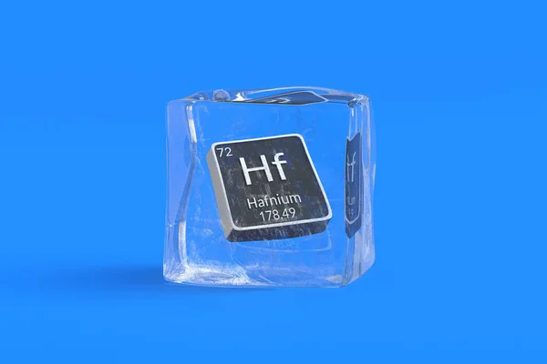 氷のキューブ内の周期表のハフニウム半化学元素 化学元素の象徴 3Dレンダリング — ストック写真