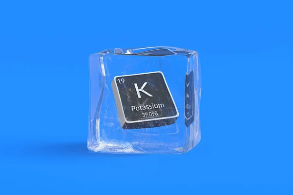 氷のキューブ内の周期表のカリウムK化学元素 化学元素の象徴 3Dレンダリング — ストック写真