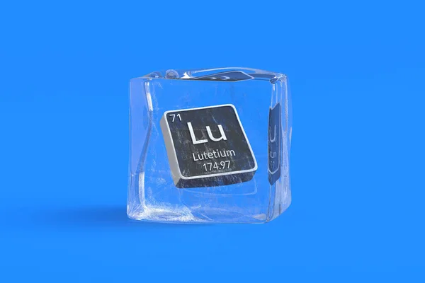 冰块中周期表的Lutetium Lu化学元素 化学元素的符号 3D渲染 — 图库照片