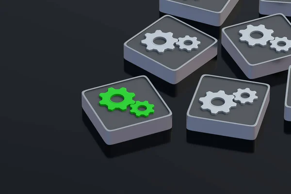 独特的技术 环境友好型生产概念 质量最好的产品 创新技术的测试 维修得很好正确的研究 按钮上的绿色齿轮 3D渲染 — 图库照片