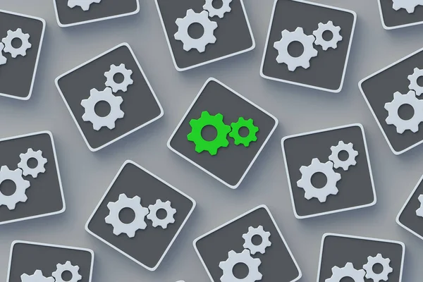 质量最好的产品 环境友好型生产概念 创新技术的测试 维修得很好正确的研究 独特的技术 按钮上的绿色齿轮 3D渲染 — 图库照片