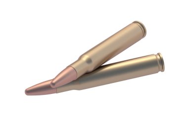 Beyaz arka planda izole edilmiş saldırı tüfeği mermileri. 3d hazırlayıcı