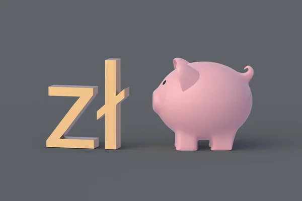 Conceito Orçamental Símbolo Zloty Perto Porquinho Reserva Polaca Inflação Monetária — Fotografia de Stock