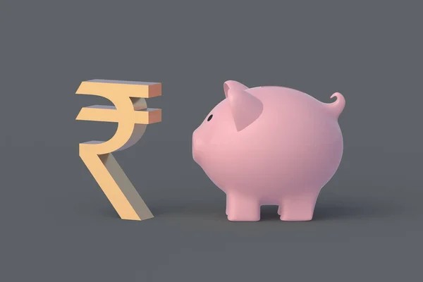 Currency inflation. Rupee symbol near piggy bank. Budget concept. Indian reserve. Saving money. Charity and donation. Money exchange. Financial grants. 3d render