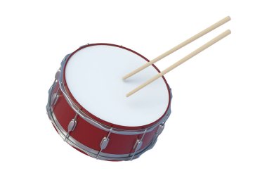 Düşen davul ve sopalar beyaz arka planda izole edilmiş. Perküsyon müzik aleti. 3d hazırlayıcı
