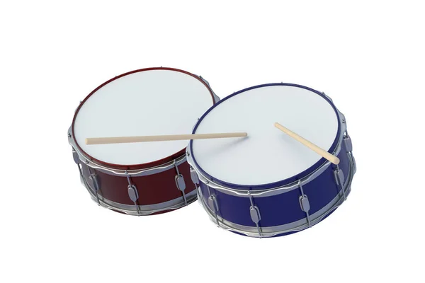 ドラムとスティックは白い背景に隔離されています 打楽器の一種 3Dレンダリング — ストック写真