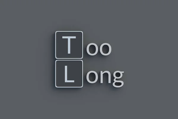 Too Long Metallic Inscription Acronym Abbreviation Top View Render — Stock Photo, Image