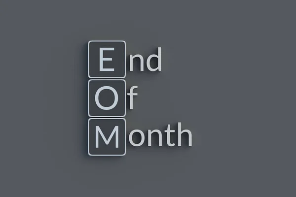 EOM End of month metallic inscription. Acronym or abbreviation. Top view. 3d render.