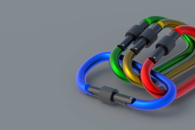 Karabina seti. Dağcılık için karabinalar. Ekstrem sporlar için suç ortağı. Yüksek irtifada çalış. Uzayı kopyala 3d hazırlayıcı