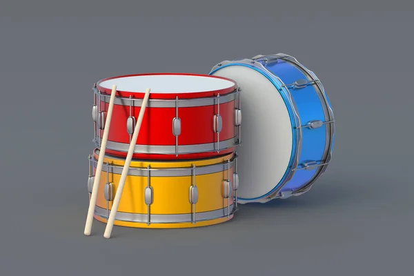 Drums Drumsticks Gray Background Percussion Musical Instrument Render — Stock Photo, Image