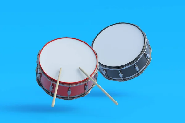 Vliegende Drums Met Drumstokken Blauwe Achtergrond Percussie Muziekinstrument Renderen — Stockfoto