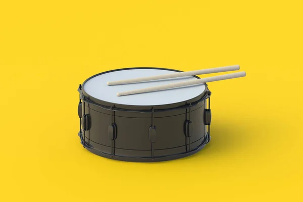 Tamburo Con Bacchette Sfondo Arancione Strumento Musicale Percussione Rendering — Foto Stock