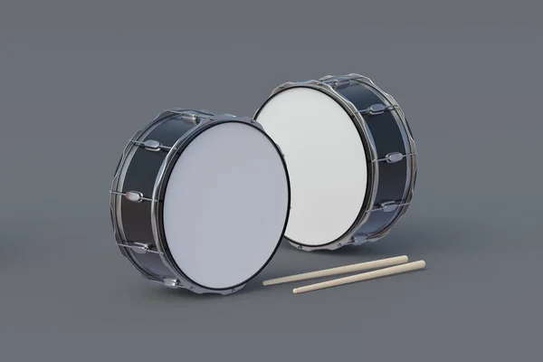 灰色の背景にドラムスティック付きの2つのドラム 打楽器の一種 3Dレンダリング — ストック写真