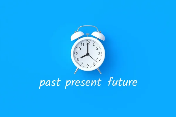 Inscriptions past, present, future under alarm clock. Time concept. Business planning. Countdown and deadline. 3d render