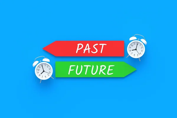 Inscriptions past, present, future on red and green paper arrows near alarm clock. Time concept. Business planning. Countdown and deadline. 3d render