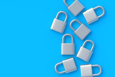 Mavi arka plana asma kilit serpiştirilmiş. Üst Manzara. Uzayı kopyala 3d hazırlayıcı