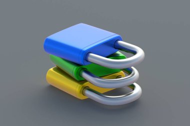 Gri arka planda asma kilit yığını. 3d hazırlayıcı