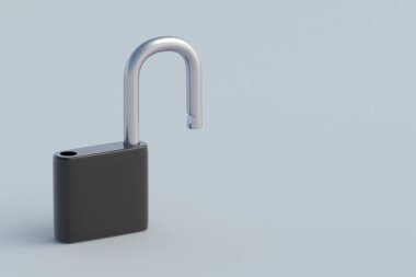 Gri arka planda siyah asma kilidi aç. Uzayı kopyala 3d hazırlayıcı
