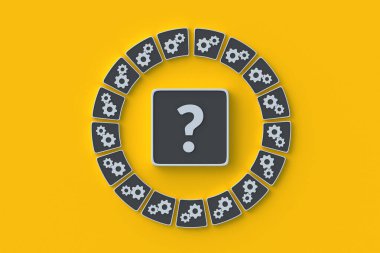 Soru işareti ve düğmelerdeki dişliler. Çözüm endüstriyel problem konsepti. Piyasa monopolizasyonu. Ebeveyn şirketi. Ortaklık ve işbirliği. Yenilikçi ürünlerin geliştirilmesi. 3d hazırlayıcı