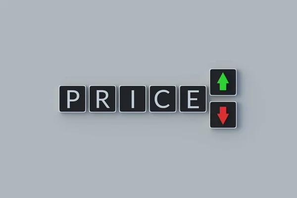 价格和价格都在上涨 按钮上的箭头也在下降 价格分析 预算计算 价值的变化 市场经济 费用管制 通货膨胀的影响 3D渲染 免版税图库照片
