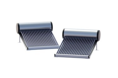 Beyaz arka planda izole edilmiş iki güneş ısıtıcısı. Modern ekolojik teknoloji. 3d hazırlayıcı